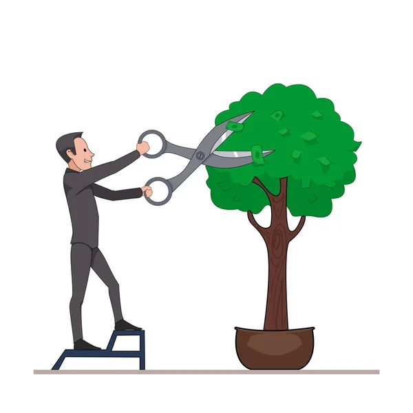 Businessman mows scissors large money tree. Receiving dividends or profits. Isolated on white background. Vector, illustration EPS10. — Stock Vector