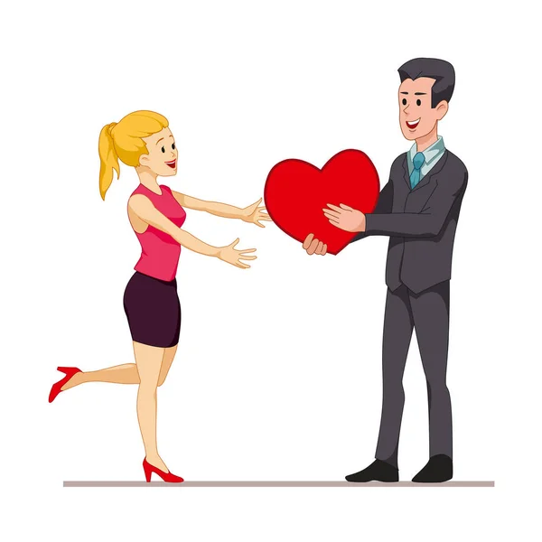Muž dává dívka velké srdce. Ilustrace pro Valentines den. Kreslená postavička izolovaných na bílém pozadí. Vektor, Eps10. — Stockový vektor