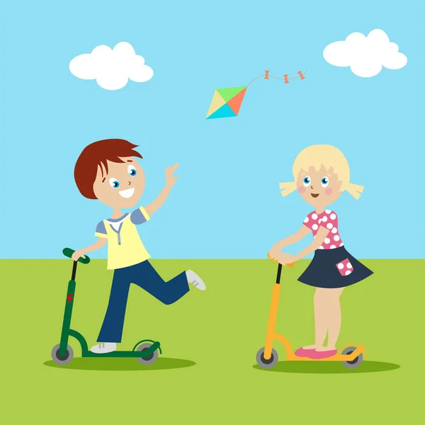 Chica y niño montando en scooters en el césped verde. Nubes y cometas volando en el cielo. Día soleado. Aislado sobre fondo blanco. Vector, ilustración EPS10 . — Archivo Imágenes Vectoriales