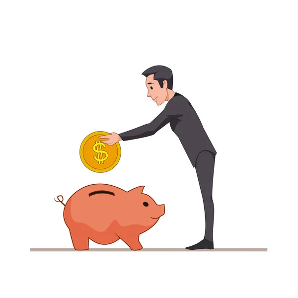 Businessman or manager puts a gold coin into a pink pig piggy bank. Save money. Cartoon character isolated on white background. Vector, illustration EPS10. — Stock Vector