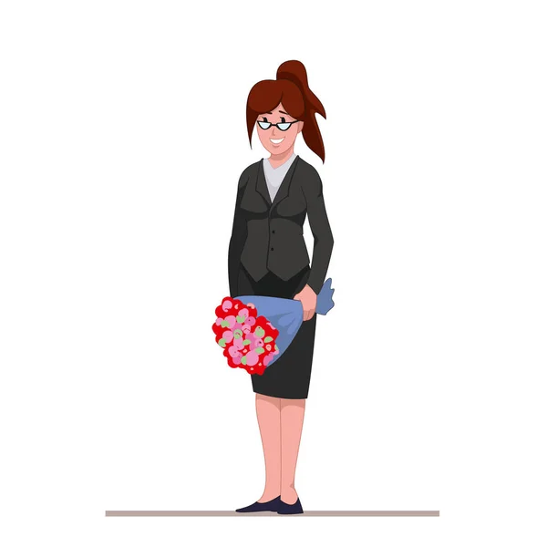 女性実業家または彼の手の花の花束の秘書。赤いバラ。白い背景で隔離の漫画のキャラクター。ベクトル、Eps10 の図. — ストックベクタ
