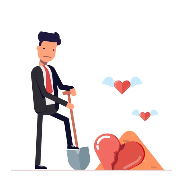 Sad man digs a broken heart.  businessman or manager with  shovel at the funeral. Love is gone. Cartoon character in flat style isolated on pink background. Vector, illustration EPS10. — Stock Vector