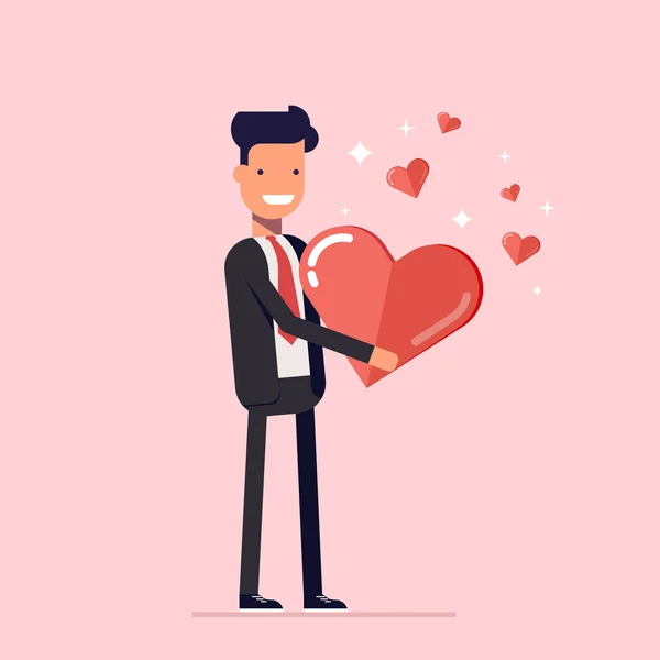 Šťastný muž dává valentine. St. s den. Podnikatel nebo manažer s velkým srdcem v jeho rukou. Kreslené postavičky v plochý izolované na růžovém pozadí. Vektorové ilustrace Eps10. — Stockový vektor