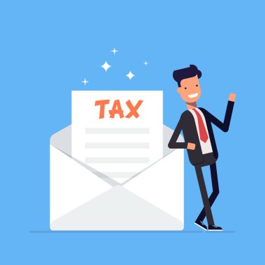 İşadamı veya Yöneticisi bir geri ödeme mektup vergi formu anlamına gelir. Beyaz arka plan üzerinde izole office işçisi karakter. Vektör, resimde Eps10.