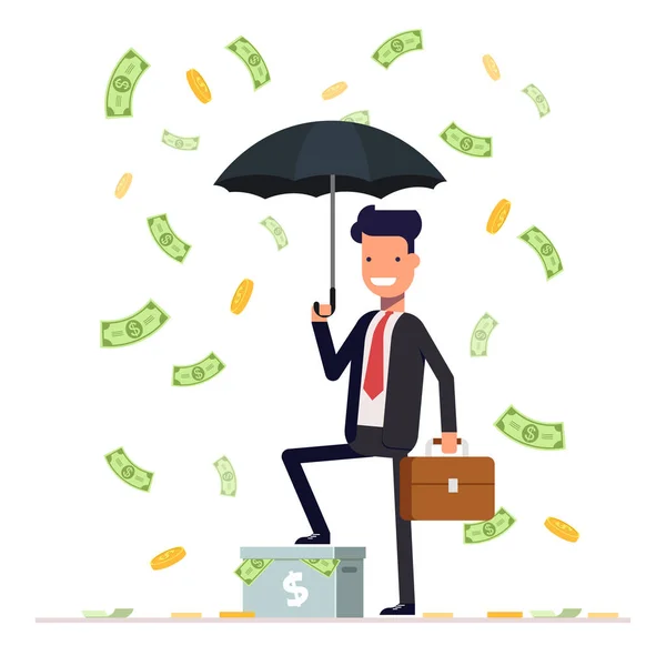 Podnikatel nebo manažer deštník drží a stojí za peníze déšť. Office pracovník charakter izolovaných na bílém pozadí. Vektorové ilustrace Eps10. — Stockový vektor