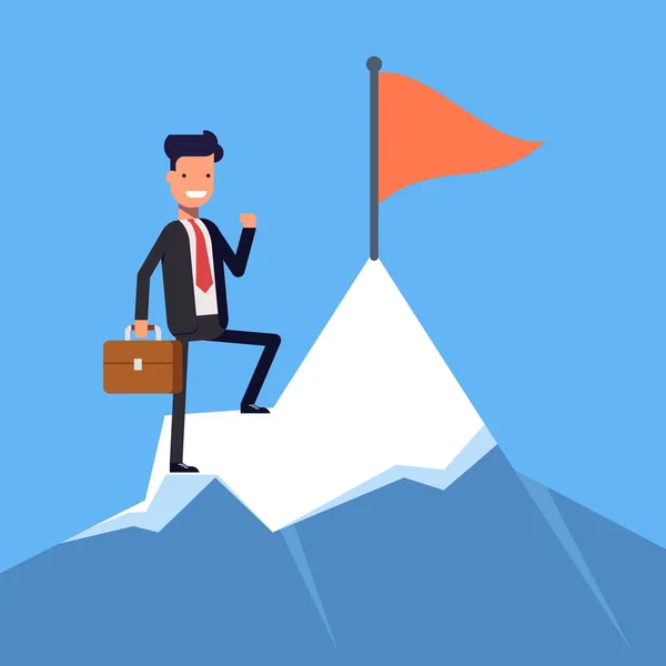 Empresario o gerente con bandera en un pico de montaña. Trabajador de oficina, ganador en la cima. Carácter plano aislado sobre fondo blanco. Vector, ilustración EPS10 . — Vector de stock