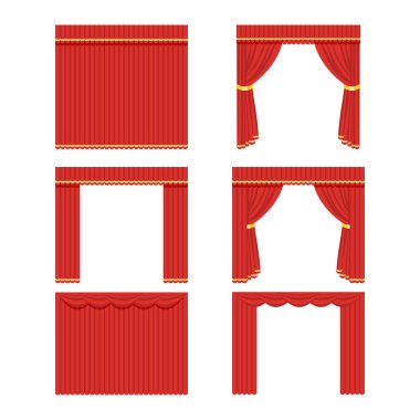 Tiyatro, sinema veya işleme tesislerine kırmızı perdeler kümesi. Vektör, illüstrasyon izole beyaz zemin üzerine Eps10.