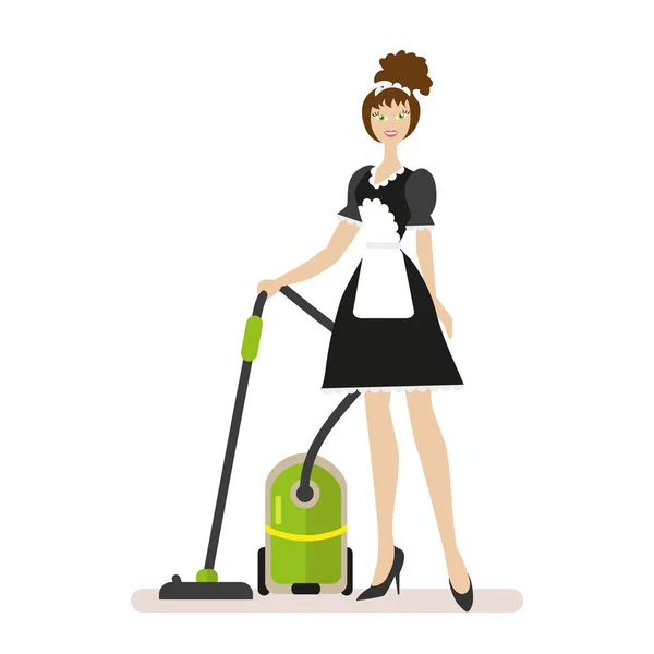 Pembantu rumah tangga dengan vacuum cleaner dalam pakaian kerja terisolasi pada latar belakang putih. Karakter datar diisolasi pada latar belakang putih. Vektor, ilustrasi EPS10 . - Stok Vektor