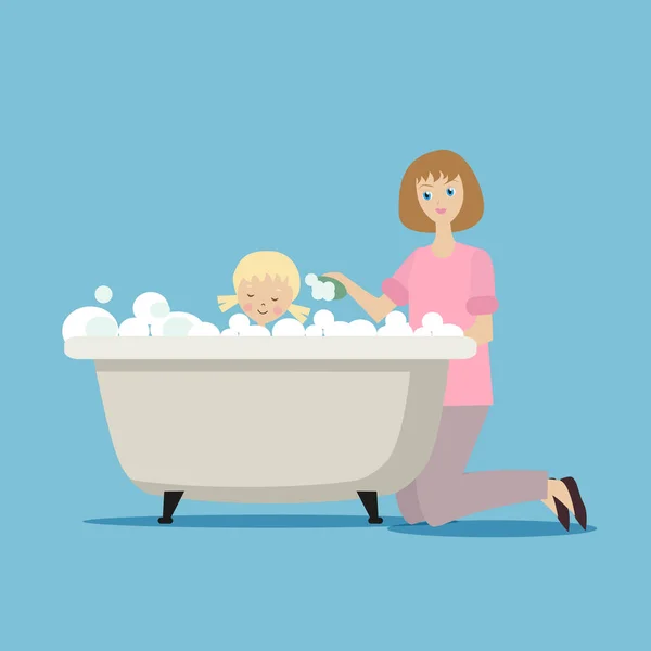 Mamá lava a su hija en el baño con espuma. Cuarto de baño. Carácter plano aislado sobre fondo azul. Vector, ilustración EPS10 . — Vector de stock