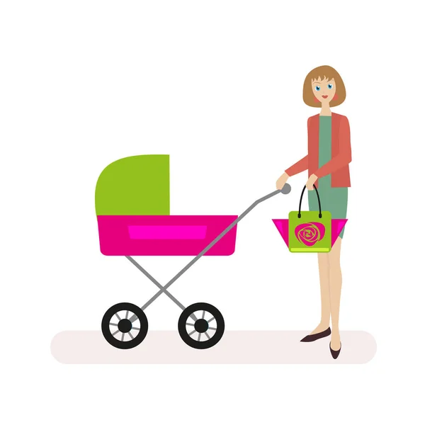Moeder loopt met het kind in de wandelwagen. Vlakke karakter geïsoleerd op een witte achtergrond. Vector, afbeelding Eps10. — Stockvector