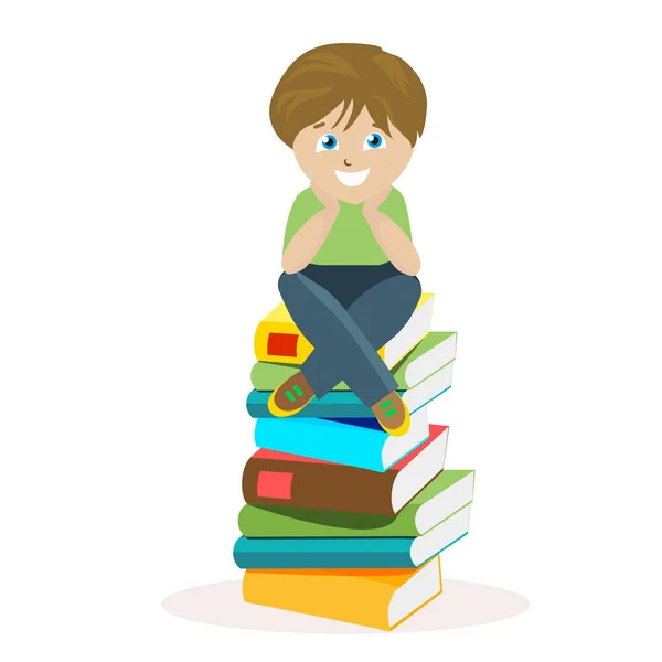 Jongen zit op een grote stapel boeken. Vectorillustratie van een schooljongen in een vlakke stijl, geïsoleerd op een witte achtergrond. Vector, Eps10. — Stockvector