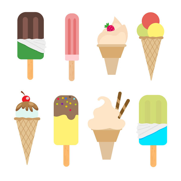 Набор мороженого в вафельном конусе и мороженое на палочке с шоколадом и фруктами. Вектор, иллюстрация выделена на белом фоне EPS10
.