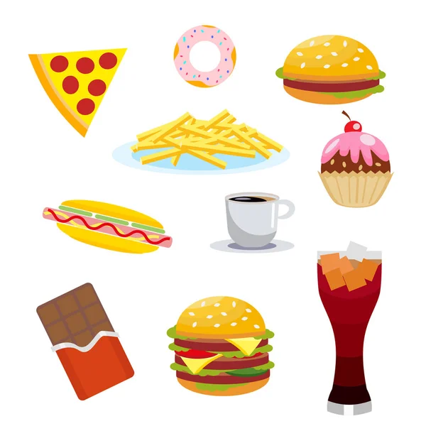 Impostare cibi nocivi. Cioccolato e cola, hamburger e hot dog, patatine fritte e torta, caffè e pizza. Vettore, illustrazione isolata su sfondo bianco EPS10 . — Vettoriale Stock