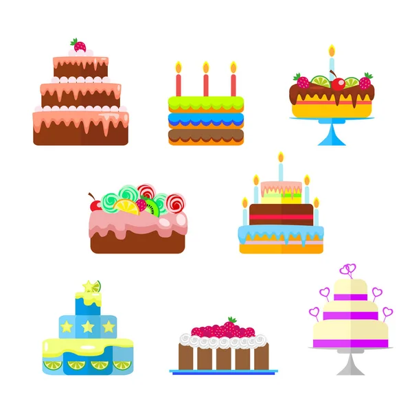 Conjunto de pasteles con frutas y velas para el cumpleaños u otras fiestas. Vector, ilustración en estilo plano aislado sobre fondo blanco EPS10 . — Vector de stock