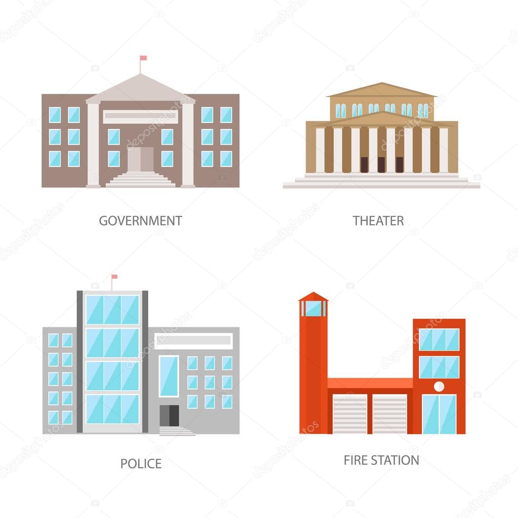 Set of urban buildings in a flat style. Government building, theater, police and fire station. Vector, illustration isolated on white background EPS10.