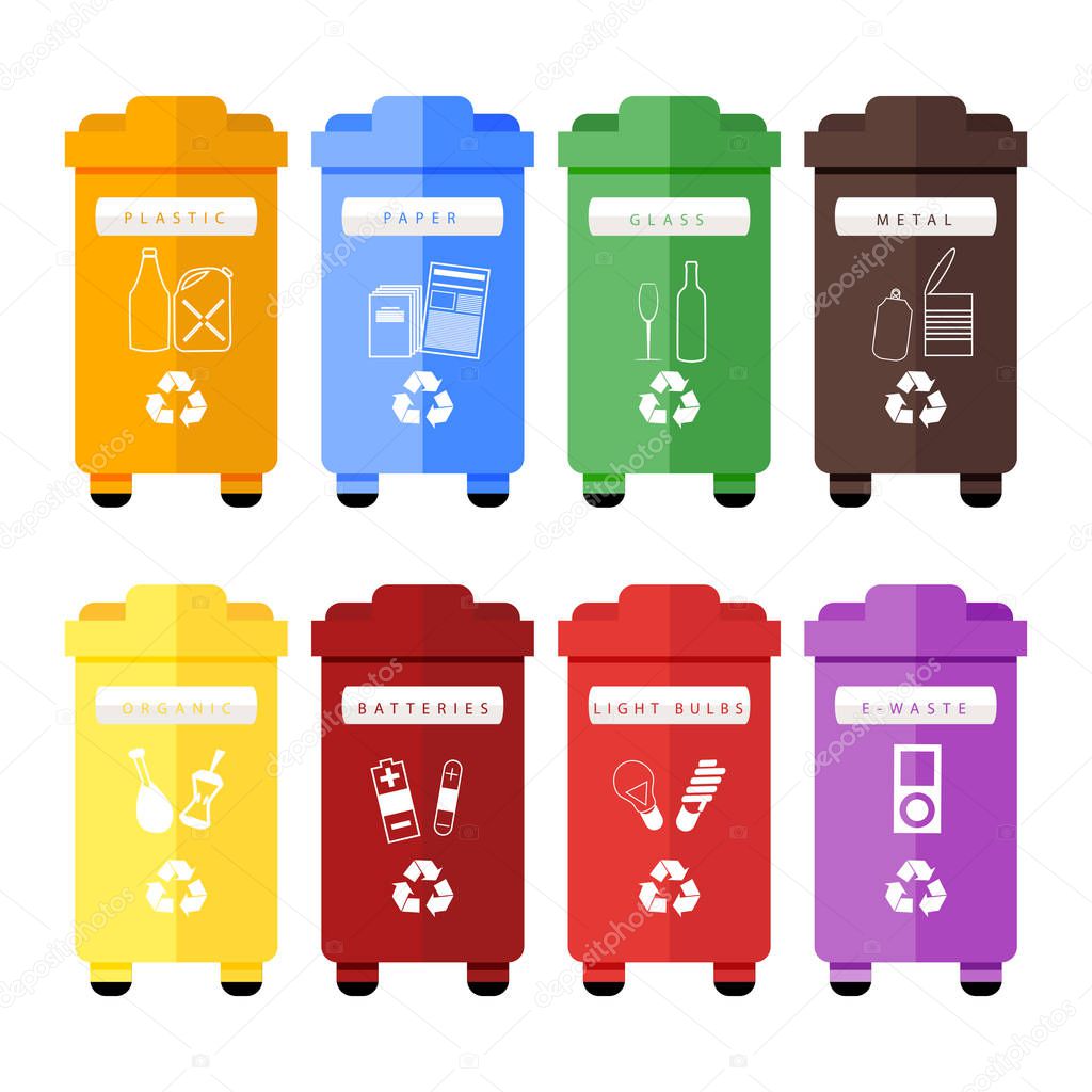Vector set of colorful trash sorting bins for plastic, paper, glass, metal, organic, batteries, light bulbs and e-waste. Recycling for household and city street, hand sorting method for recycling.