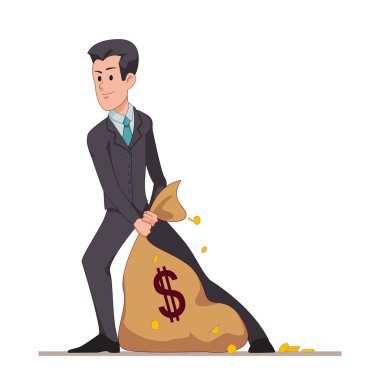Businessman or manager drags a bag full of money. Flat character isolated on white background. Vector, illustration EPS10. clipart