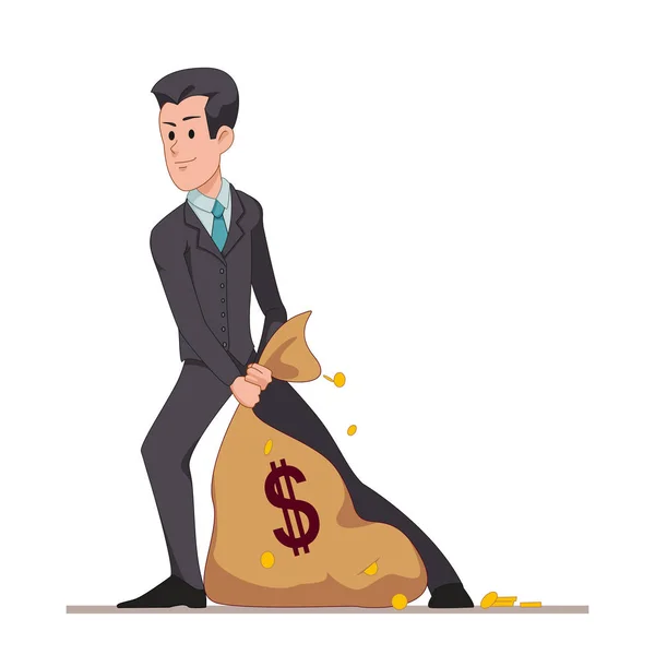 Empresario o gerente arrastra una bolsa llena de dinero. Carácter plano aislado sobre fondo blanco. Vector, ilustración EPS10 . — Vector de stock