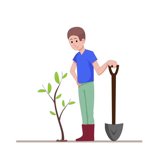 The guy with a shovel standing near the planted seedlings. Agricultural work. Flat character isolated on white background. Vector, illustration EPS10. — Stock Vector