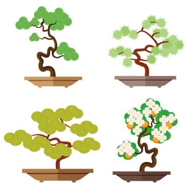 Bonsai kümesi. Bonsai yetiştirme Japon kültürdür. Minyatür bitkiler. Bonsai yetiştirme Japon kültürdür. Vektör, beyaz zemin üzerine Eps10 izole düz stil çizimde.