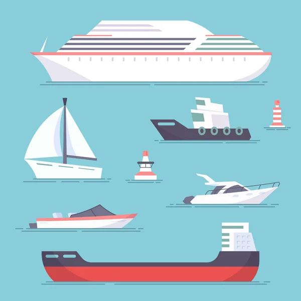 Set marine schepen, boten, jachten, zeilen tanker. Mariene boei. Vector, illustratie in vlakke stijl geïsoleerd op blauwe achtergrond Eps10. — Stockvector