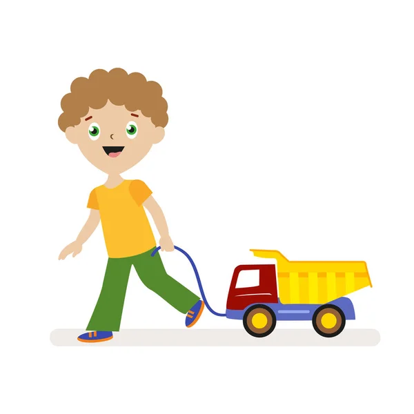Niño con coche de juguete en una cuerda. Un niño pequeño en un paseo. Carácter plano aislado sobre fondo blanco. Vector, ilustración EPS10 . — Vector de stock