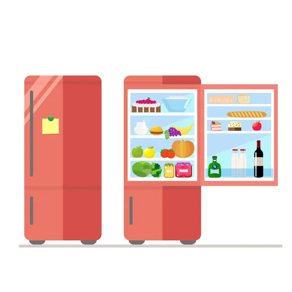 Refrigerador interior y exterior con comida. Pegatina para notas en la puerta. Lácteos y verduras, tarta y vino, huevos y frutas. Vector, ilustración en estilo plano aislado sobre fondo blanco EPS10 . — Archivo Imágenes Vectoriales