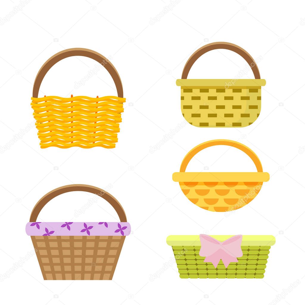 Set of wicker baskets. Vector, illustration in flat style isolated on white background EPS10.