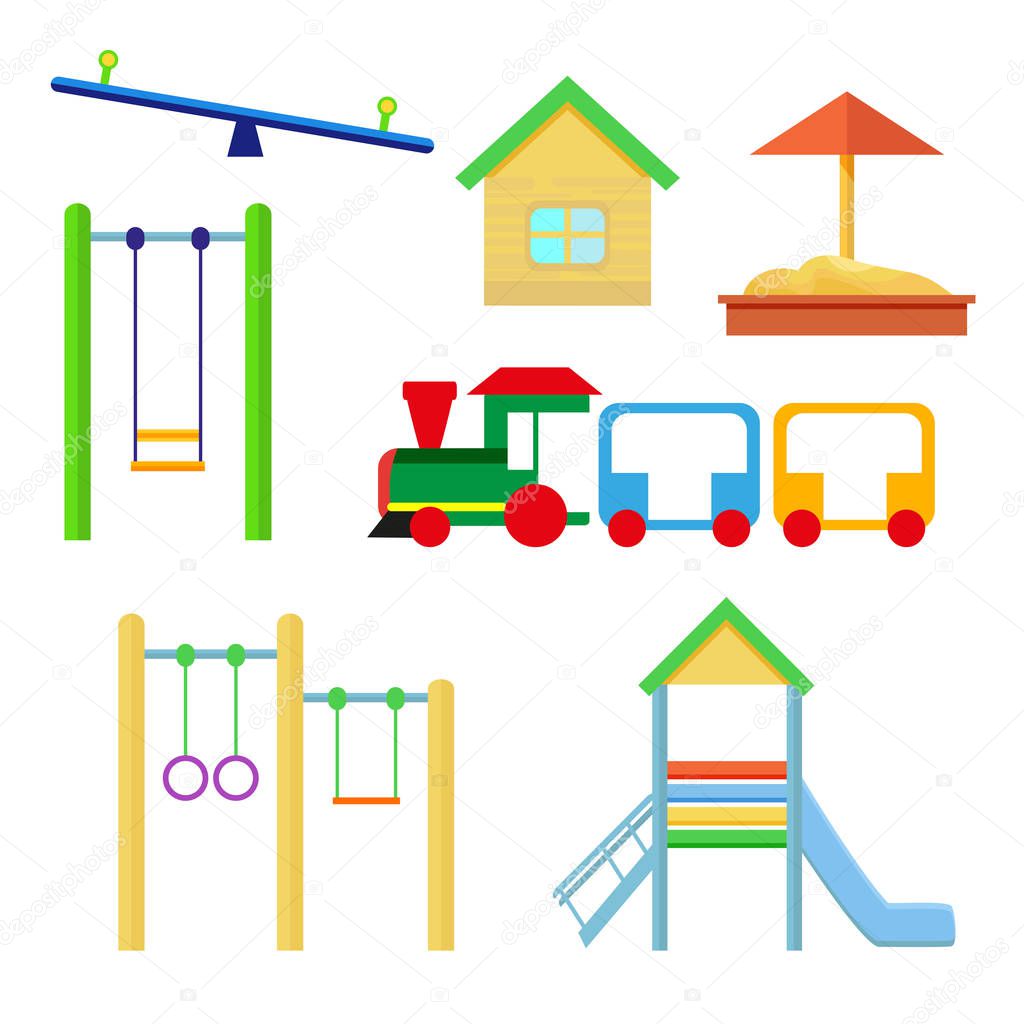 Set of objects to be placed on the playground. Slides and swings, sandpit and house, train. Vector, illustration in flat style isolated on white background EPS10.