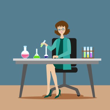 Bir kız kimyager veya yardımcı çözümler karıştırma üzerinde kimyasal veya biyolojik deneyler yapar. Yeni bilimsel keşifler. Gri arka plan üzerinde düz karakter. Vektör, resimde Eps10.