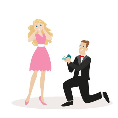 Dizlerinin üzerinde yüzüklü eleman kıza bir teklif yapar. Düz beyaz arka plan üzerinde izole karakter. Vektör, resimde Eps10.