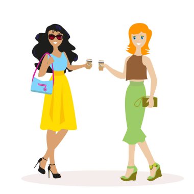 İki arkadaş veya iş sabah kahve ile iletişim. Düz beyaz arka plan üzerinde izole karakter. Vektör, resimde Eps10.