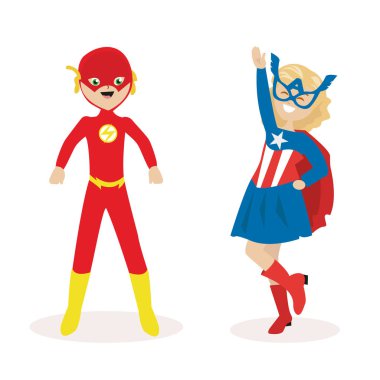 Çocuk ve bir kız maskeleri ve takım elbise süper kahramanlar. Düz beyaz arka plan üzerinde izole karakter. Vektör, resimde Eps10.