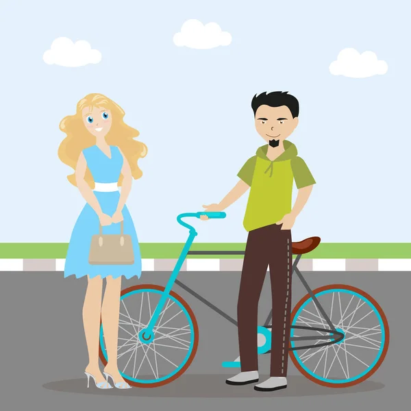 O cara e a menina estão de pé perto da bicicleta e são bonitos. Conhecer amigos. Um novo conhecido. Caráter plano. Vetor, ilustração EPS10 . —  Vetores de Stock