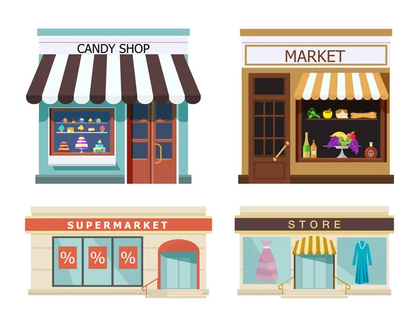 Winkel. Set van verschillende kleurrijke winkels markt, candy shop, supermarkt, winkel. Vector, illustratie in vlakke stijl geïsoleerd op een witte achtergrond Eps10 — Stockvector