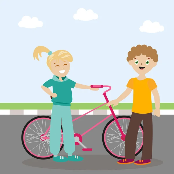 De jongen en het meisje staan in de buurt van de fiets en zijn schattig. Samenkomende vrienden. Een nieuwe kennismaking. Vlakke karakter. Vector, afbeelding Eps10. — Stockvector