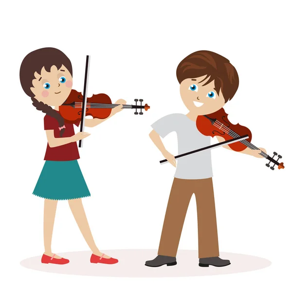 O rapaz e uma rapariga estão a tocar violino. Aulas de música. Caráter plano isolado sobre fundo branco. Vetor, ilustração EPS10 . —  Vetores de Stock