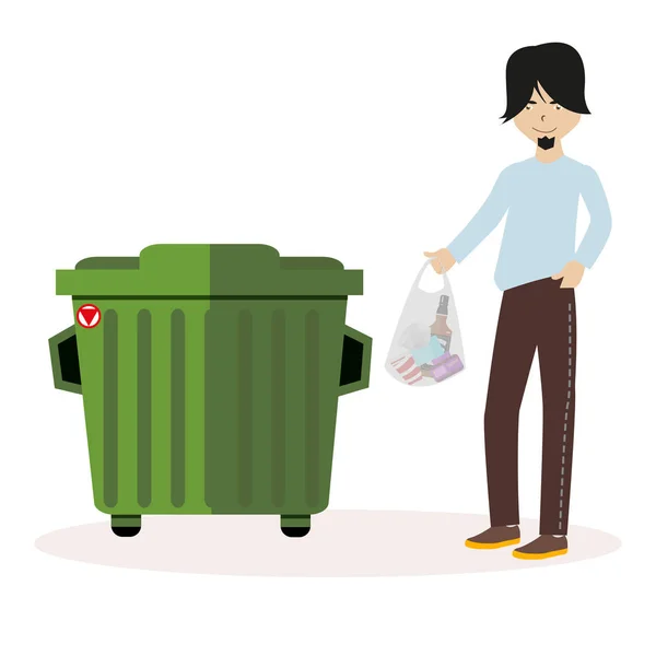 The guy throws the waste package into the garbage can. Flat character isolated on white background. Vector, illustration EPS10. — Stock Vector