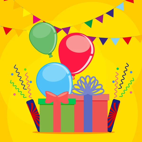 Postal para las fiestas o cumpleaños con la imagen de regalos, confeti y globos con banderas y cintas. Ilustración vectorial, EPS10 . — Vector de stock