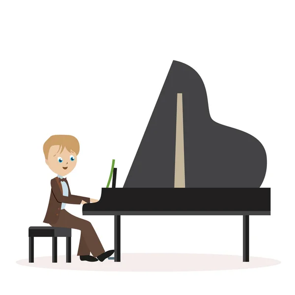 Liten pojke i en klassisk kostym spela piano. Platt karaktär isolerad på vit bakgrund. Vektor, illustration Eps10. — Stock vektor