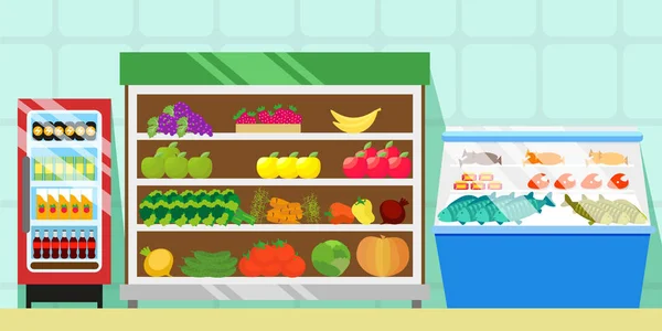 Contadores con alimentos, verduras y frutas. Nevera con refrescos. Escaparate con carne, pescado y salchichas. Comercio de equipos en un supermercado o tienda de comestibles. Vector, eps10 . — Archivo Imágenes Vectoriales