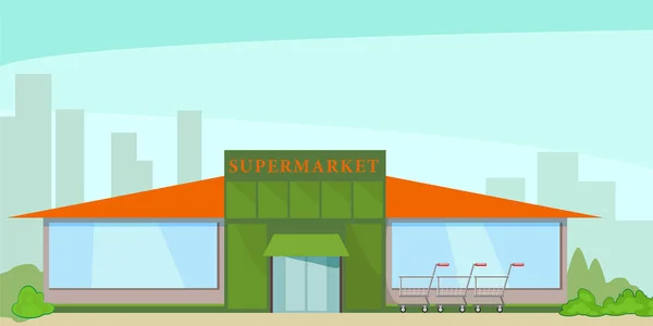 Het bouwen van een supermarkt op de achtergrond van de silhouetten van residentiële gebouwen. Vector, illustratie in vlakke stijl geïsoleerd op een witte achtergrond Eps10. — Stockvector