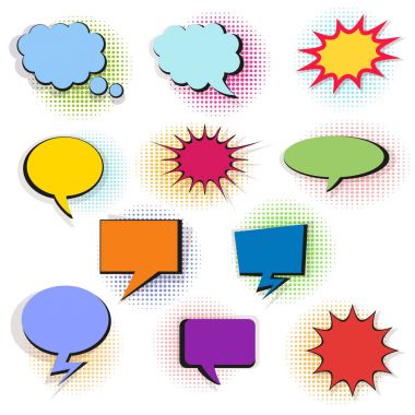 Renkli komik kabarcıklar ve yarı ton gölgeler ile öğeleri kümesi. Vektör, beyaz zemin üzerine Eps10 izole düz stil çizimde.