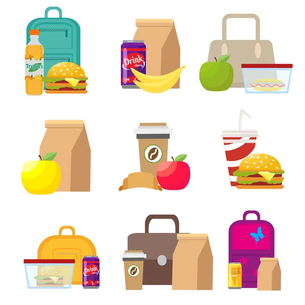 Školní oběd potravinové boxy a děti tašky. Vektorové ilustrace v izolovaných na bílém pozadí Eps10 plochý. — Stockový vektor