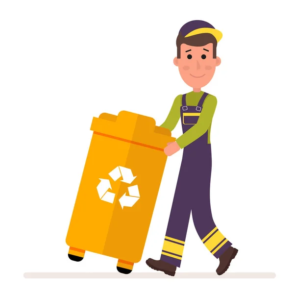 Garbage collection service. Mannen i uniform tar ut en behållare med sopor. Platt karaktär isolerad på vit bakgrund. Vektor, illustration Eps10. — Stock vektor