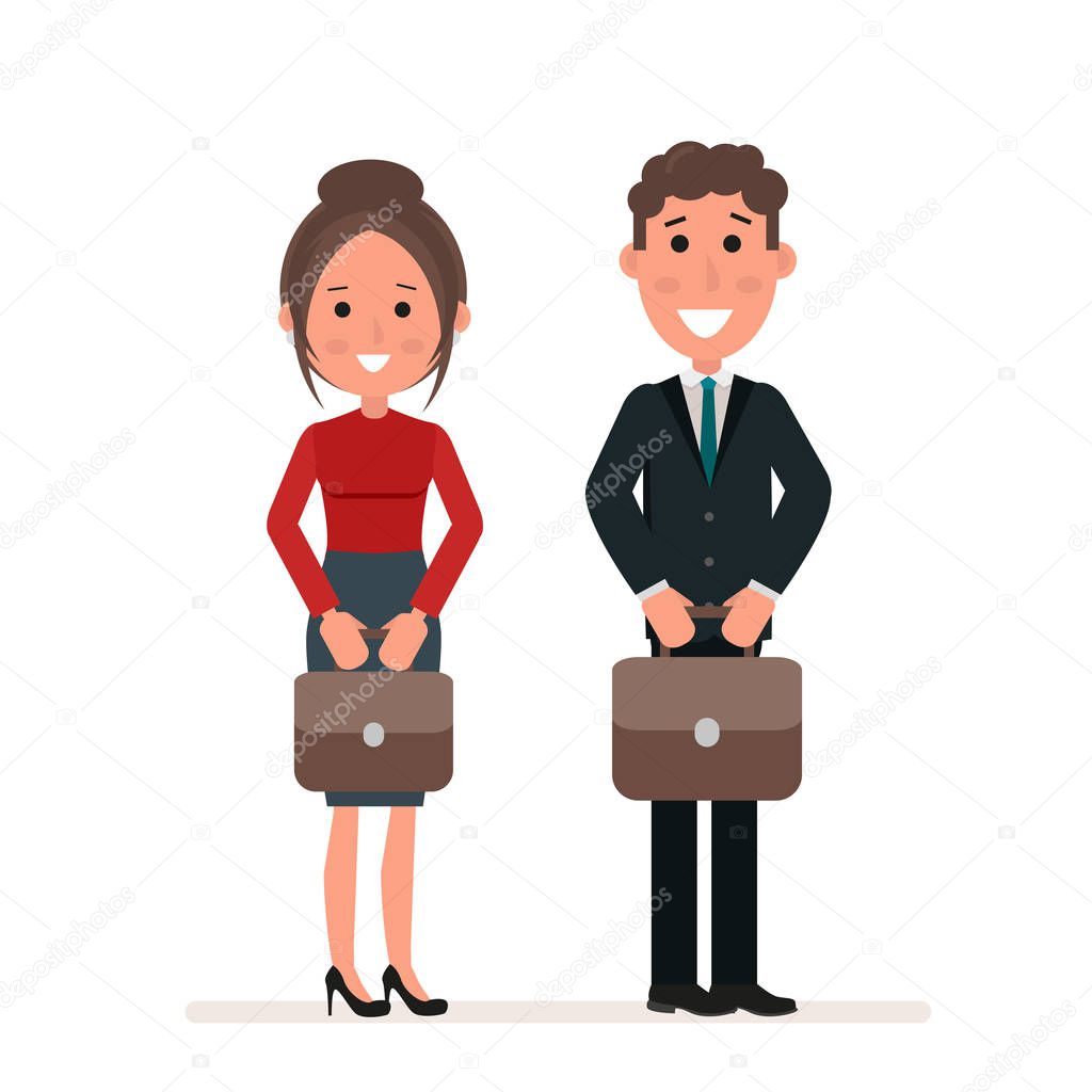 Businessman and businesswoman or managers are standing with suitcases in their hands. Office workers. Flat character isolated on white background. Vector, illustration EPS10.