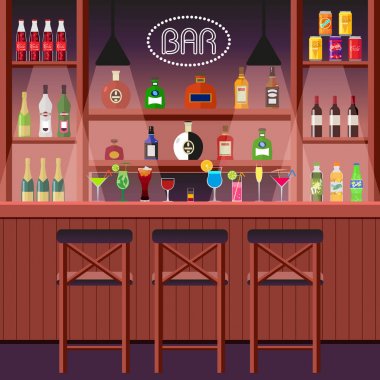 Bar, pub ya da gece kulübü. Sayaç ile alkollü içecekler Bar. Bir eğlence kurum iç. Vektör, düz stil Eps10 resimde.
