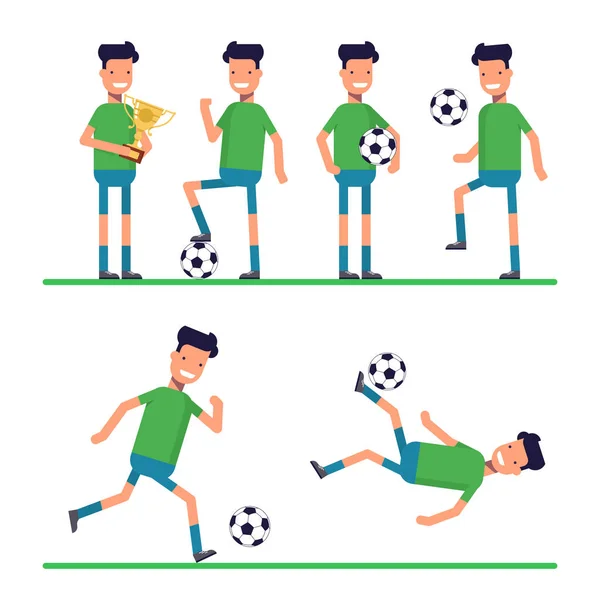 Voetbal sport atleten, keeper spelen, schoppen, opleiding en het beoefenen van voetbal. Vlakke karakter geïsoleerd op een witte achtergrond. Vector, illustratie. — Stockvector