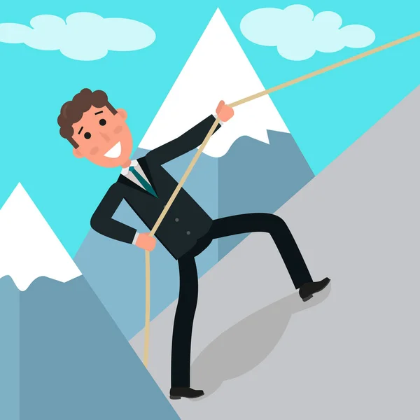 业务挑战的概念。商人或经理在岩石上攀爬。年轻而勇敢的商人，站在山顶用绳索攀爬。矢量平面设计插画。方形布局. — 图库矢量图片