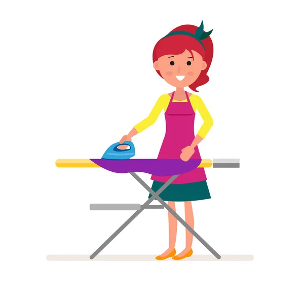 Pembantu Rumah Tangga Kartun atau ibu rumah tangga pelayan menyetrika pakaian di papan setrika. Konsep desain pekerjaan rumah tangga dalam gaya datar . - Stok Vektor